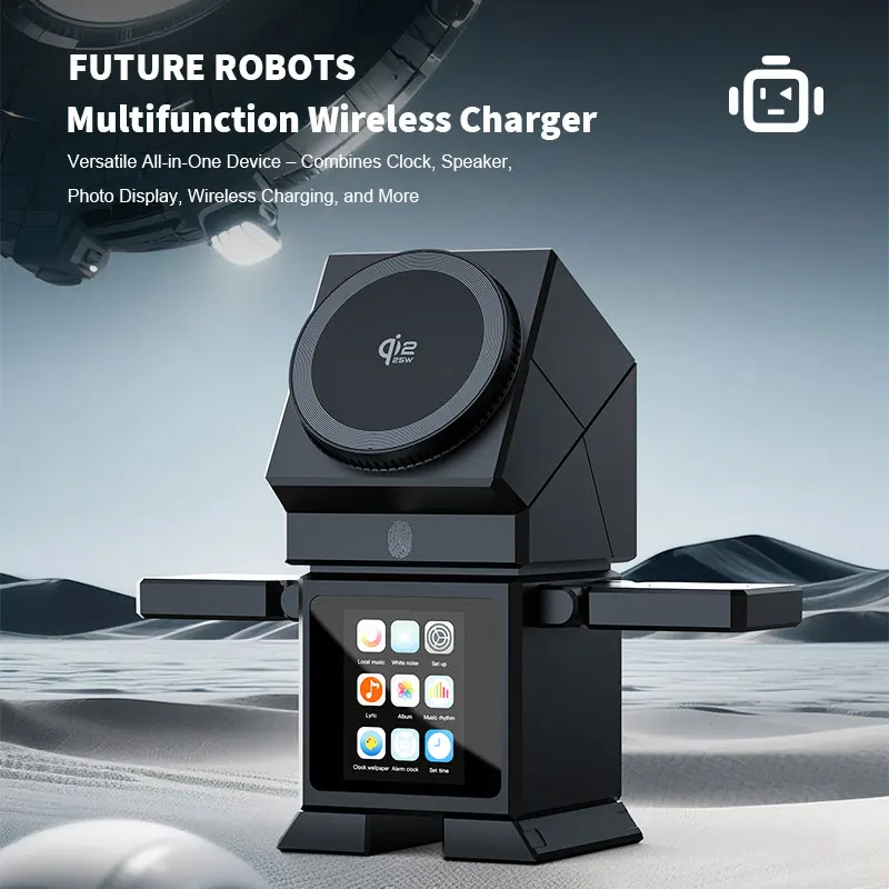 Multifunctional Robot Wireless Charger With Clock Speaker Photo Display Fast Charging Dock For Smartphone Home Office Accessory
