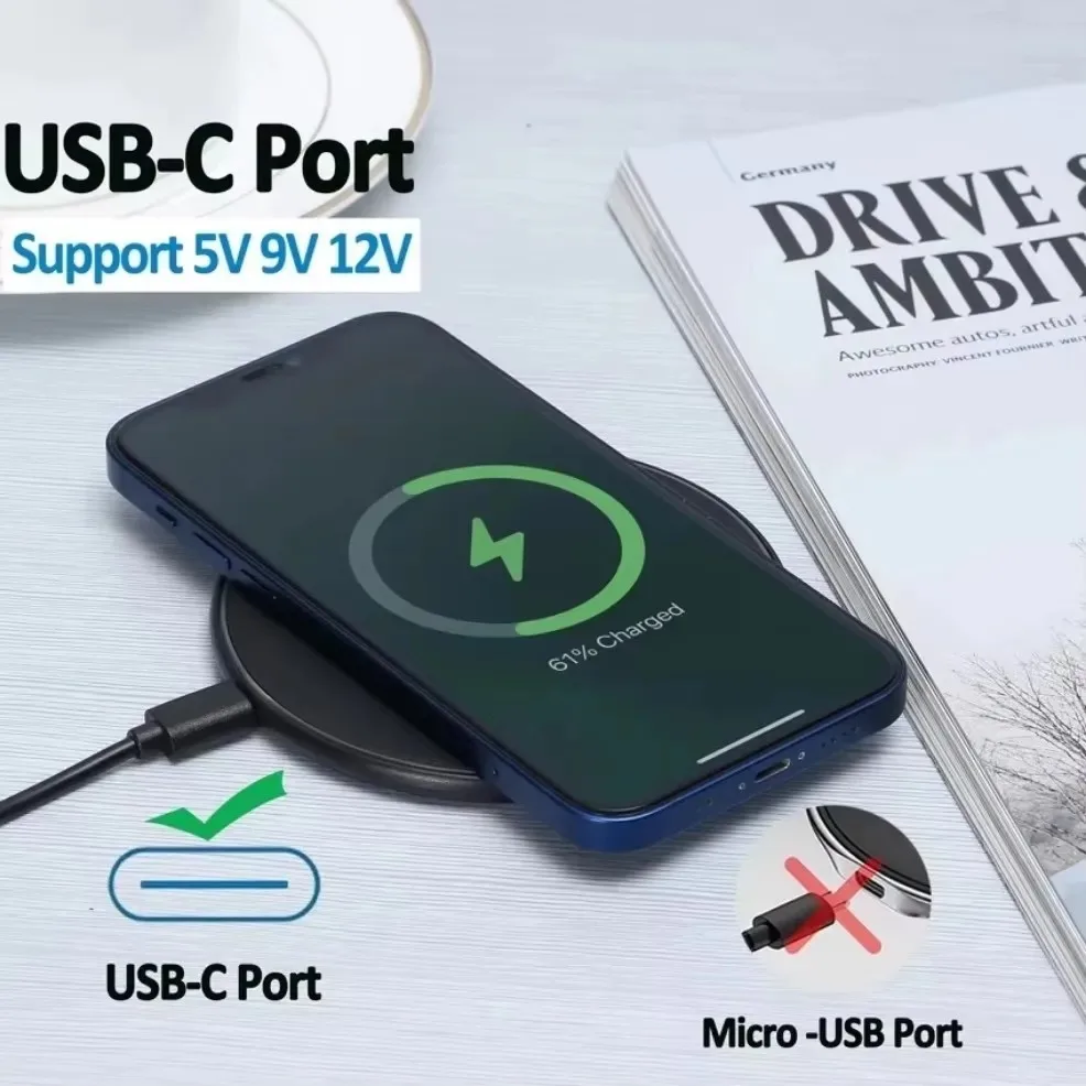 Fast Wireless Charger Pad with USB-C Port 5V 9V 12V for MagSafe Compatible iPhone Samsung Huawei XiaoMi Charging Mat Ultra-Slim
