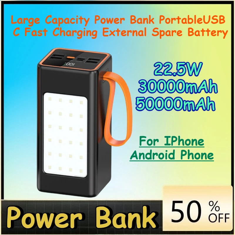 30000mAh 50000mAh 22.5W PowerBank Large Capacity  PortableUSB C Fast Charging External Spare Battery for IPhone Android Phone