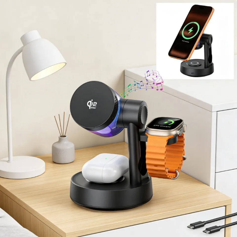3 in 1 25W Qi2 Magnetic Wireless Charger With Bluetooth Speaker Fast Charging Station for iPhone 17 16 Samsung S26 Watch Earbuds