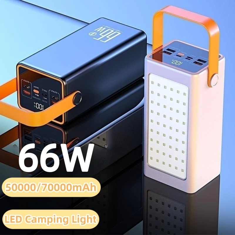 70000mAh Large Capacity Power Bank PD20W Fast Charging for iPhone 17 Huawei Xiaomi Powerbank Portable Charger with Camping Light
