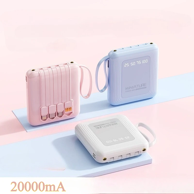 20000mAh Mini Power Bank With 4 Cable Dual Lights Mobile External Portable Battery Charger powerbank For iPhone Samsung Xiaomi