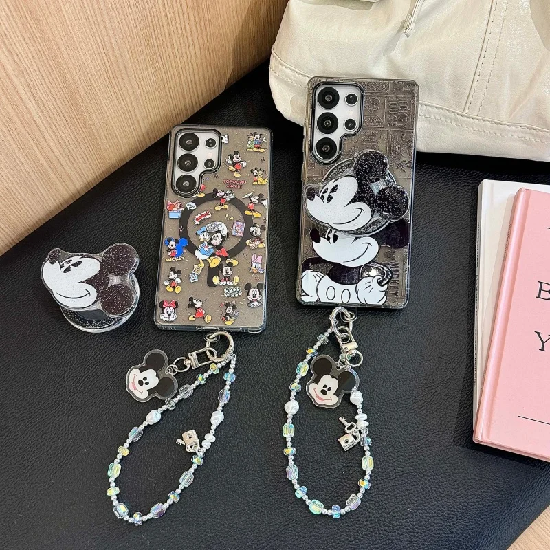 Cute Mickey Minnie Mouse Magnetic Wallet Stand Magsafe Wireless Charge Phone Case For Samsung S23 S24 S26 S25 S26 Ultra Cover﻿﻿