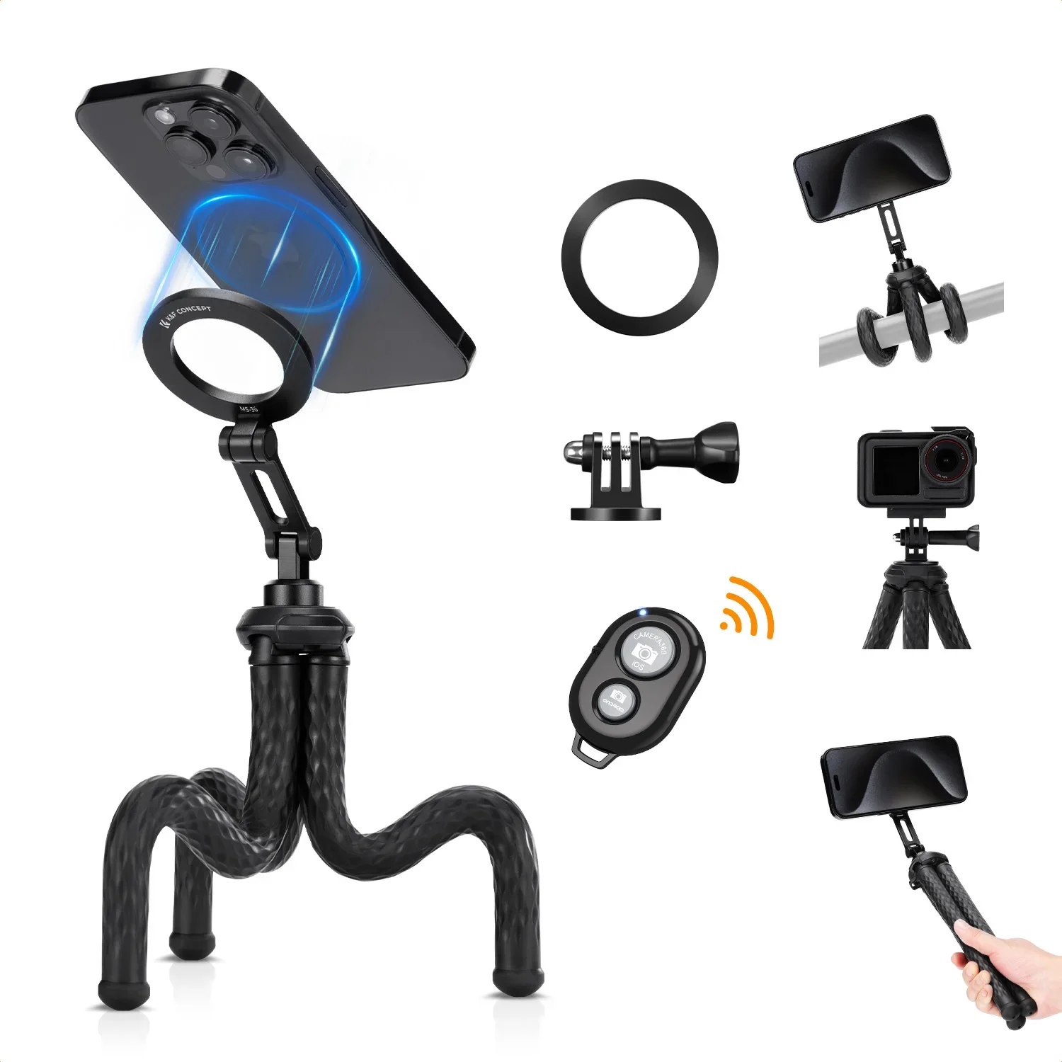 K&F CONCEPT Magnetic Octopus Tripod for iPhone 17 16 GoPro HERO DJI OSMO Action5 Pro Bluetooth Remote Lanyard Quick Release MS36