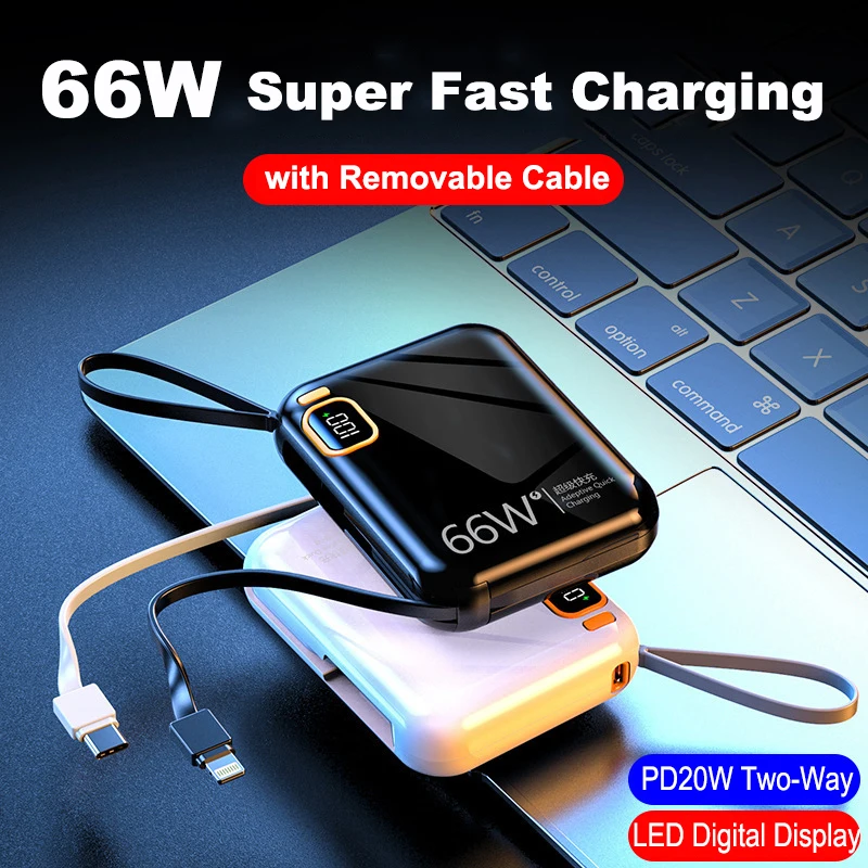 Mini Power Bank with USB C Cable 66W Fast Charging for iPhone 16 Huawei Xiaomi Samsung PD 20W External Battery Charger Powerbank