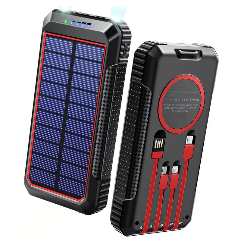 33800mAh Solar Power Bank with 4 Cables Light Wireless Charger Powerbank for iPhone Samsung Xiaomi PD40W Fast Charging Powerbank