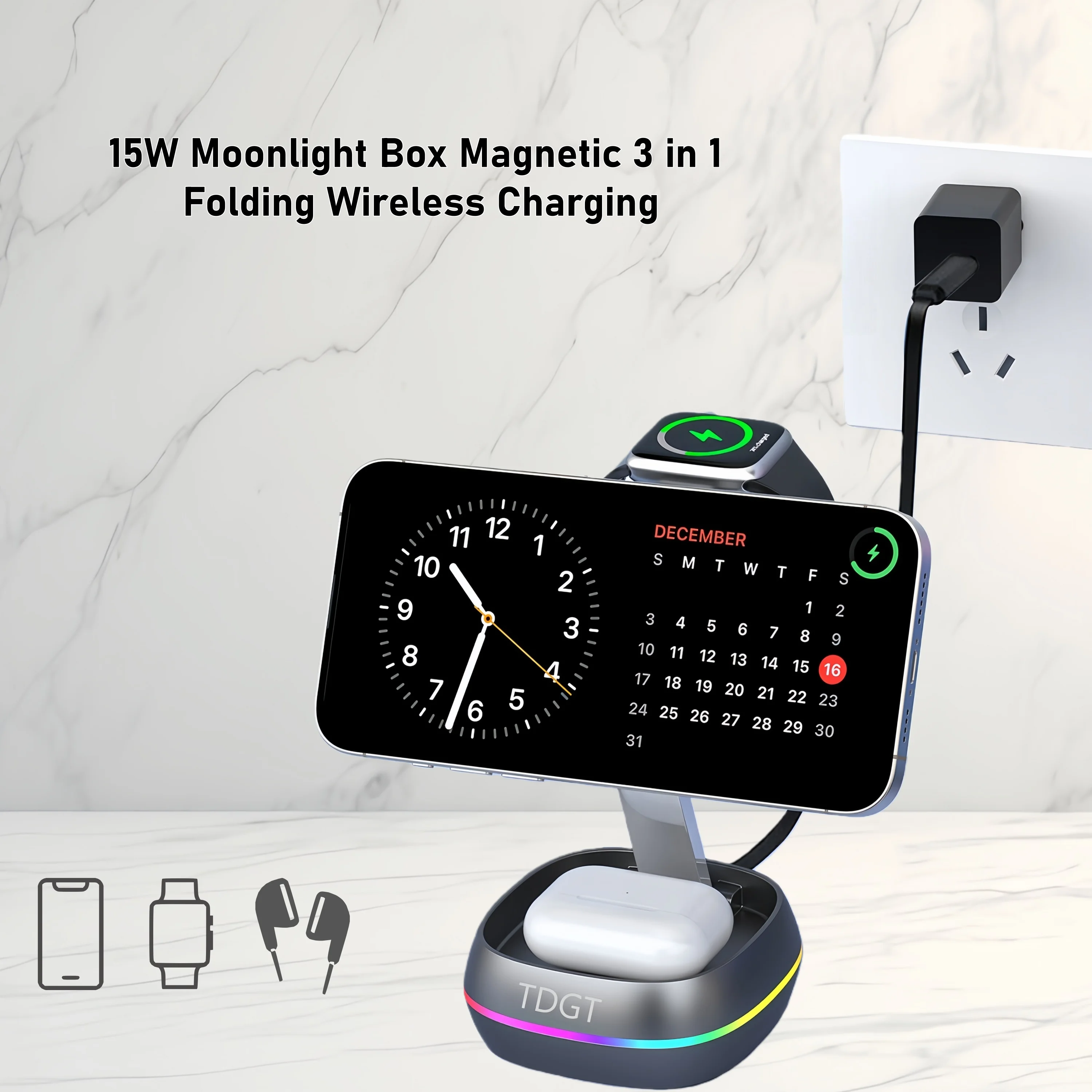 TDGT 3 In 1 Magnetic Touch Button Wireless Charger For Phone Watch Airpods Fast Charging Dock Station