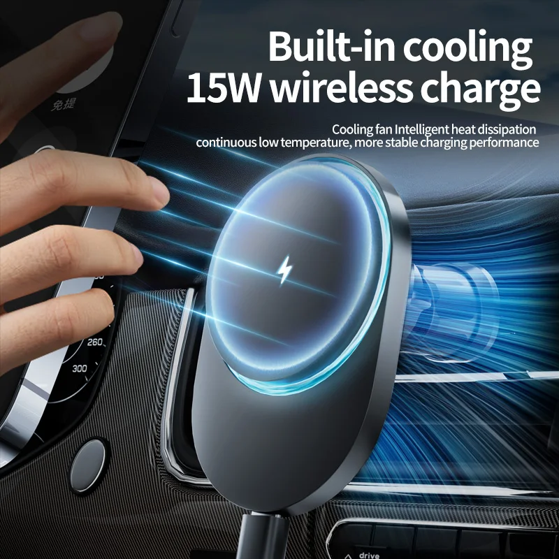 OSSKY M5 Phone Holder & Stands with Cooling Fan 15W Magnetic Car Wireless Charger Air Outlet Smartphone Bracket For iPhone 14 15