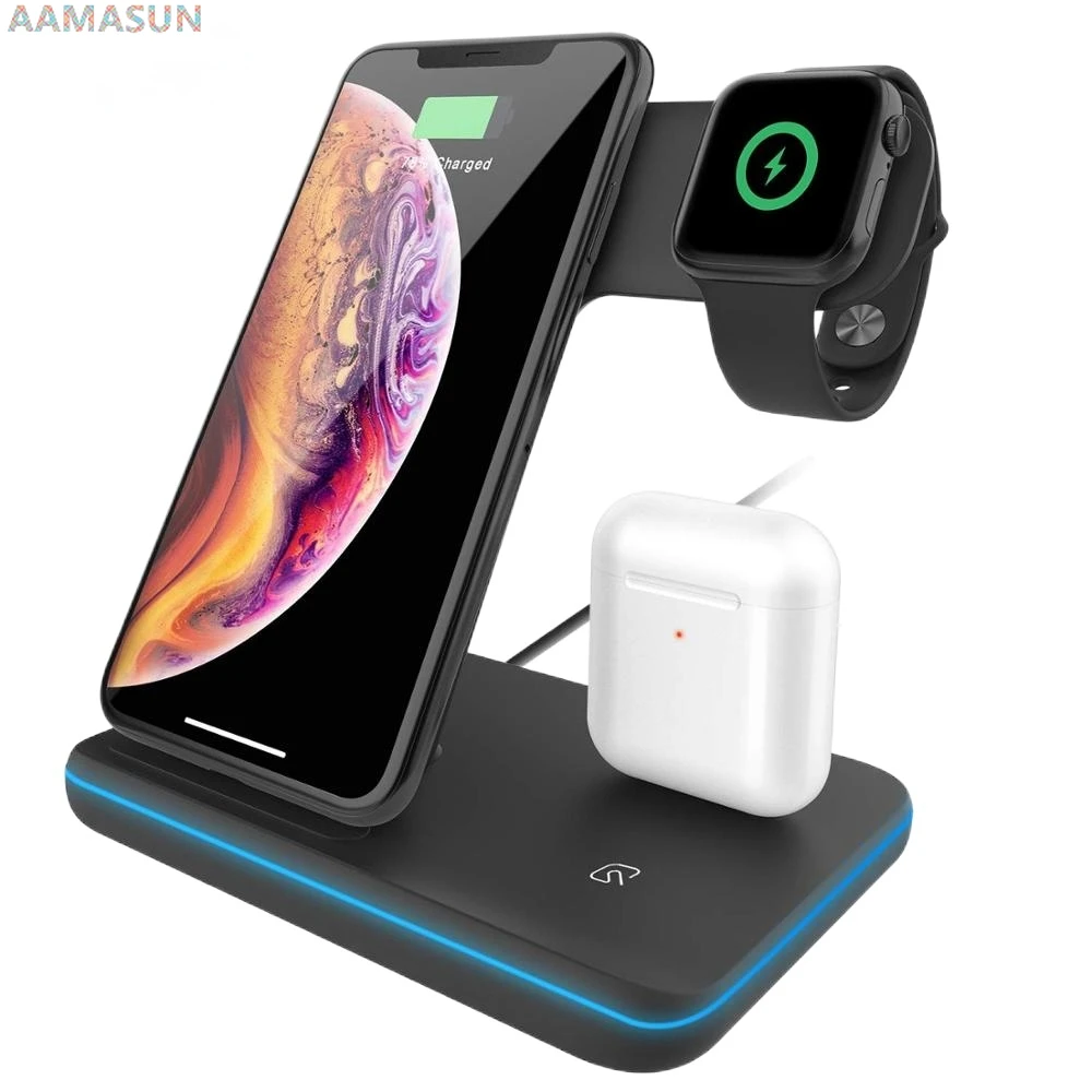 15W Fast Qi Wireless Charger Stand For iPhone 12 11 XS XR X 8 3 in 1 Charging Dock Station for Apple Watch 6 5 4 3 2 Airpods Pro