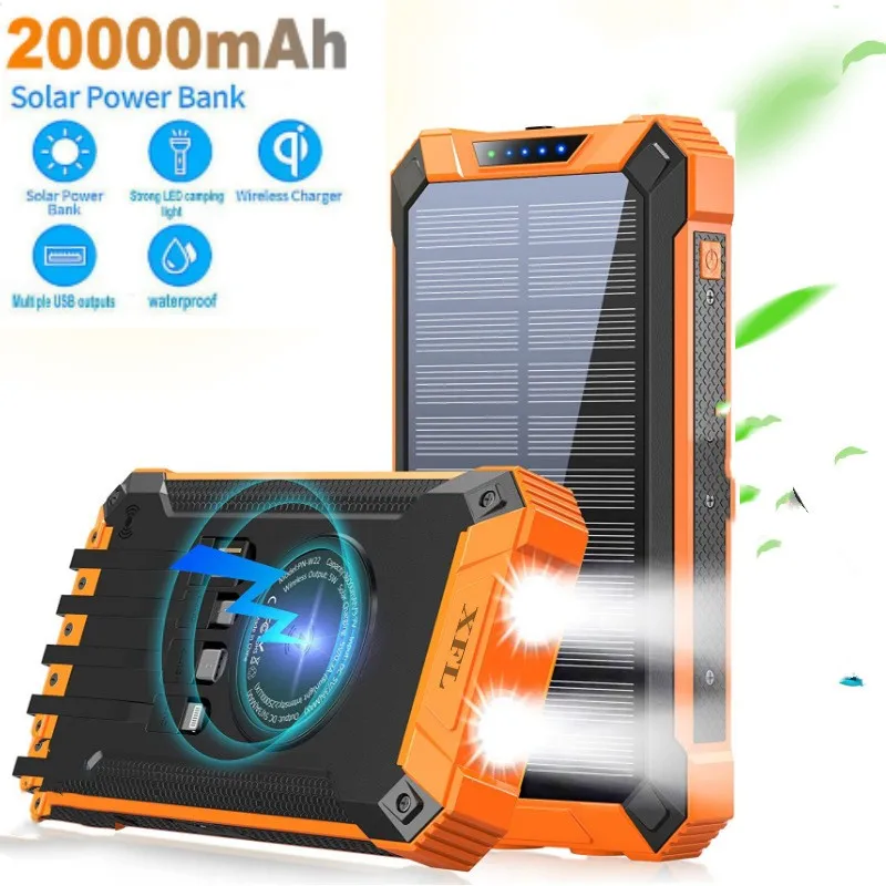 20000mAh Solar Wireless Power Bank USB C Portable Charger for iPhone 16 Xiaomi Huawei Samsung Dual Light Powerbank Spare Battery