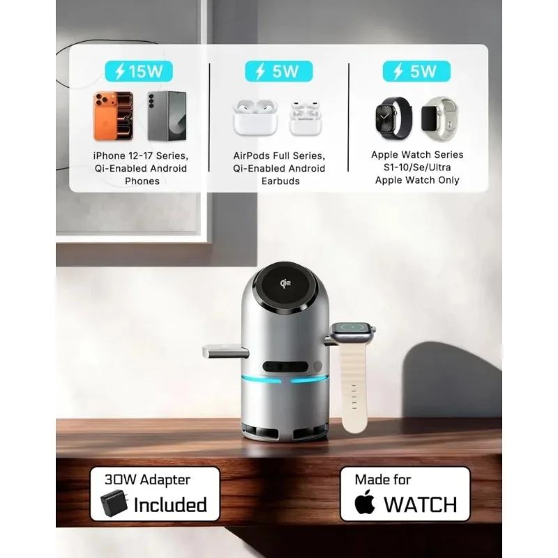 3 In 1 Fast Magnetic Wireless Charging Station With Adapter For iPhone 17~12 Android Phones Watch Earbuds Desktop Charger Dock