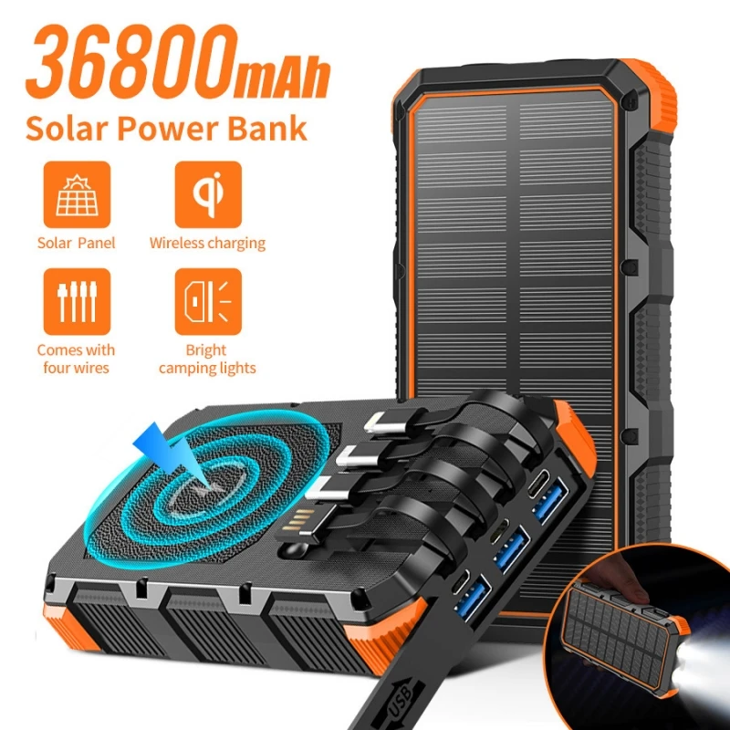 36800mAh Solar Wireless Power Bank 3 USB Portable Charger for iPhone 16 15 Samsung Huawei Fast Charging Powerbank Built in Cable