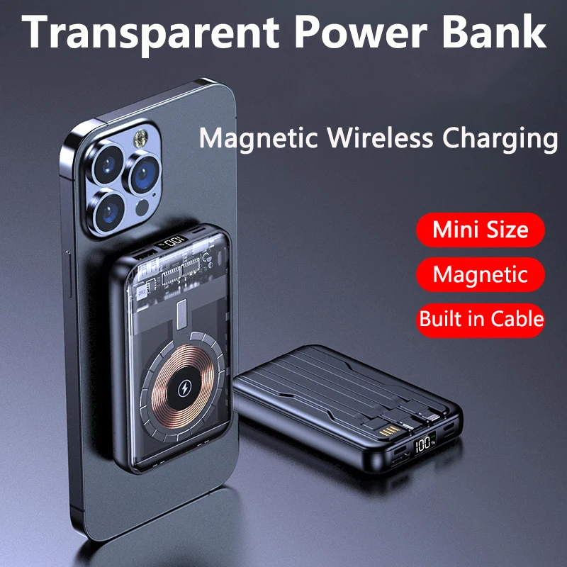 20000mAh Transparent Magnetic Wireless Power Bank Portable External Battery for Magsafe Powerbank For iPhone 16 X Samsung Xiaomi