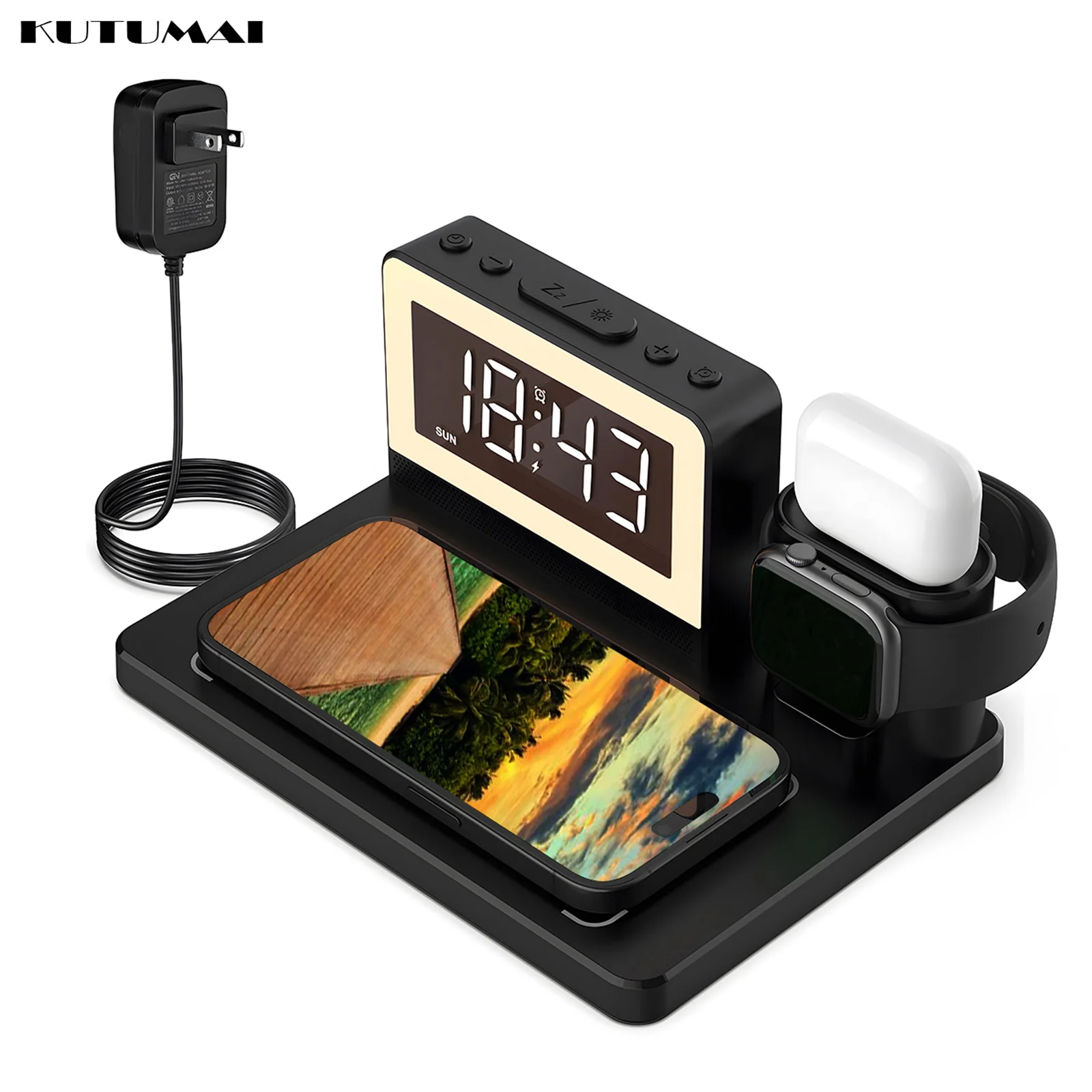 3-in-1 Wireless Charger Multi-function with Night light and Alarm Clock For Apple iPhone Watch Fast Wireless Charging Station