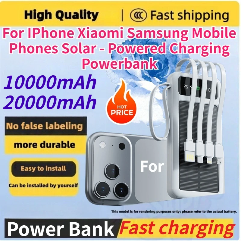 New 20000/10000mAh Power Bank with Built-in Cable for IPhone Xiaomi and Samsung Mobile Phones Solar - Powered Charging Powerbank