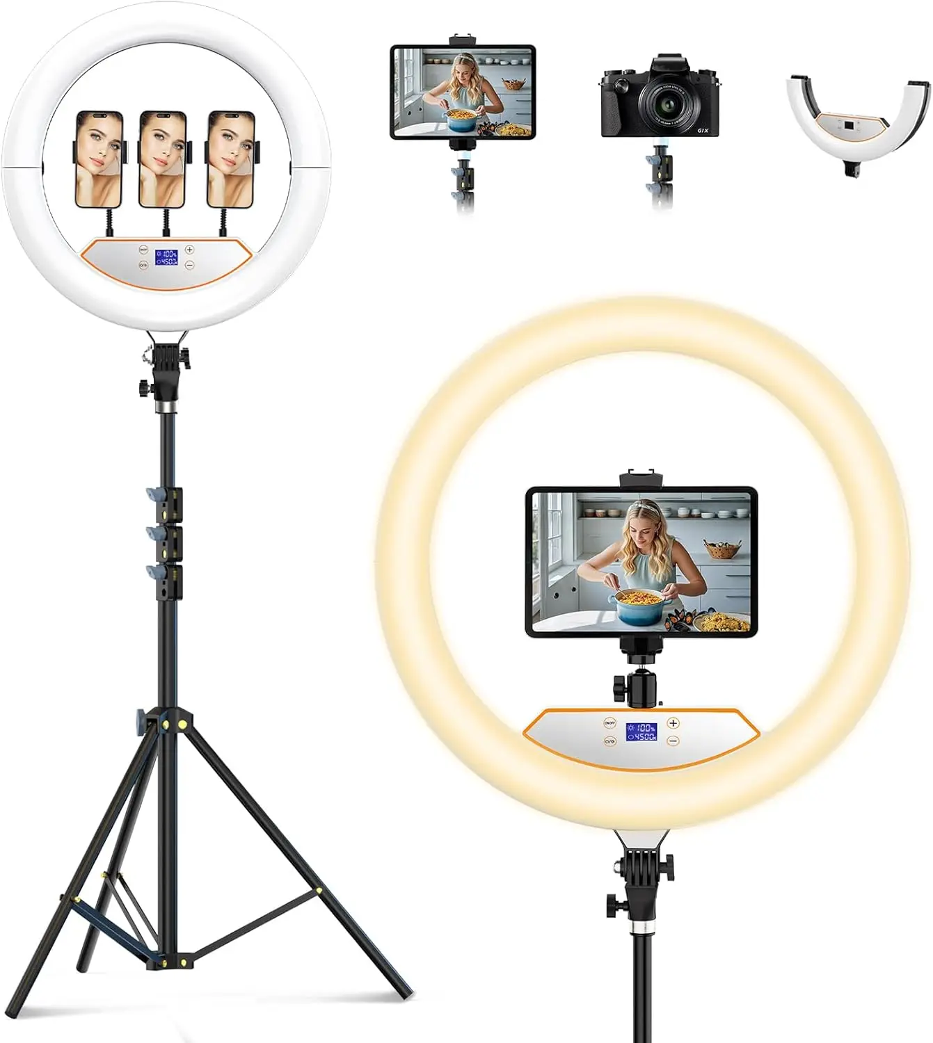 18 inch Ring Light with Stand,Foldable Large Ring Light for ipad iPhone,LCD Display/4 Clips/2 USB Ports,2700-6500K with