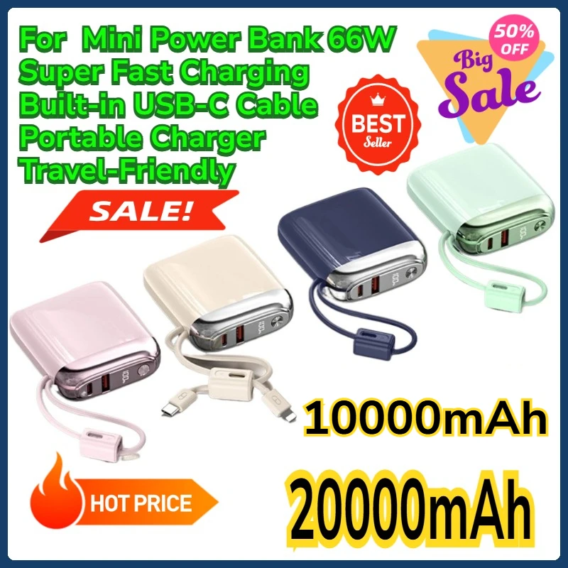 For 20000mAh Mini Power Bank 66W Super Fast Charging Built-in USB-C 10000mAh Cable Portable Charger Travel-Friendly