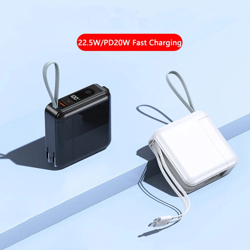 30000mAh Mini Power Bank USB C Wall Charger Built in Cable Plug 22.5W Fast Charging for iPhone 15 Xiaomi Samsung Travel Charger