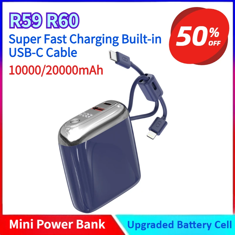 New 22.5W 10000/20000mAh Mini Power Bank Super Fast Charging Built-in USB-C Cable Portable Charger Travel-Friendly