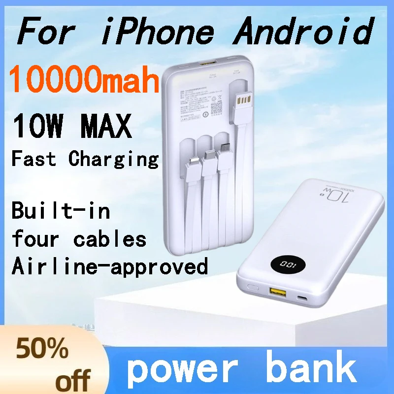 Mini Portable Travel Power Bank 10000mAh Built-in Cable Fast Charge External Battery for IPhone Android