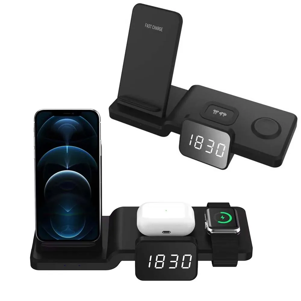 Wireless Charging Bracket with Clock for iPhone Samsung Android Phone Stand for Apple Watch Charger Dock for AirPods Pro Holder