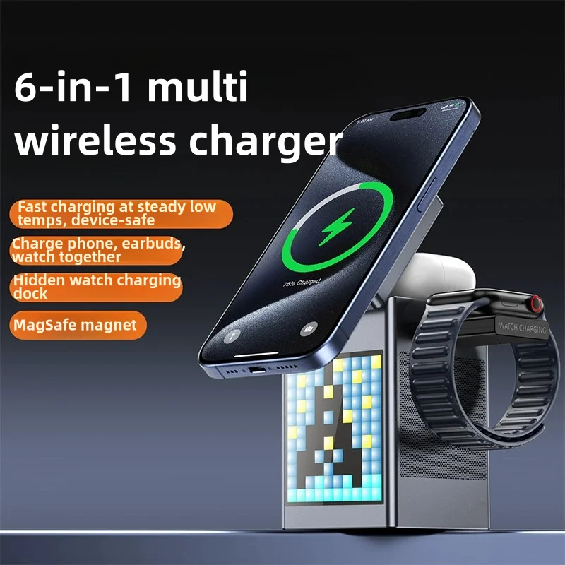 6 in 1 Magnetic Wireless Charger Stand Bluetooth Speaker Alarm Clock for Magsafe iPhone 16 15 14 Pro Max Airpods Pro Apple Watch