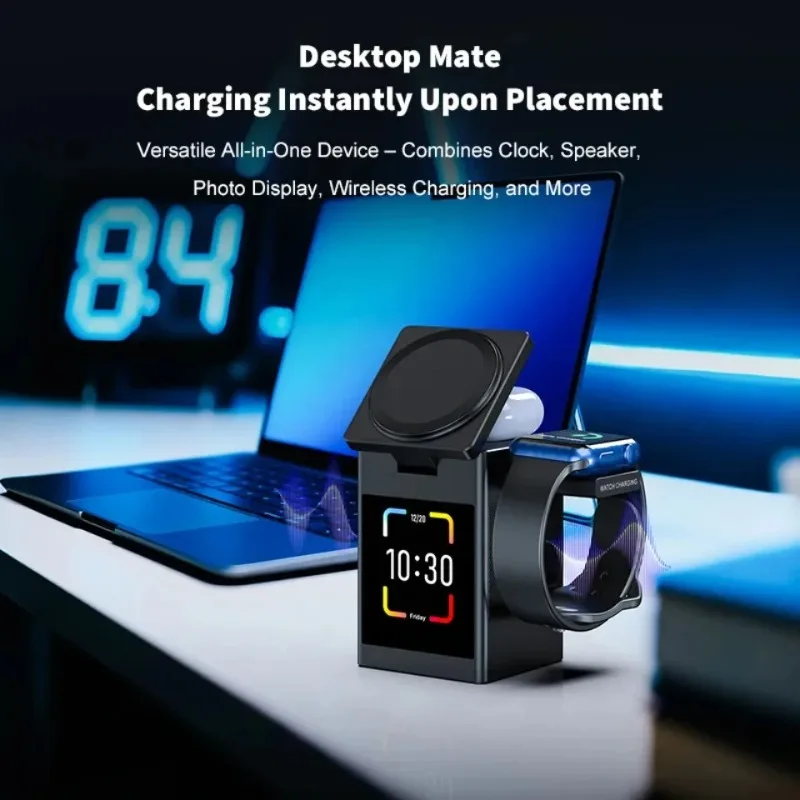 4 in 1 Wireless Charger Station With Clock Speaker Photo Display Fast Charging For iPhone Apple Watch AirPods Office Accessory