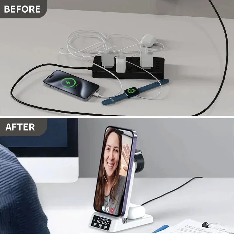 4 in 1 Wireless Charger Station With Digital Clock Fast Charging Stand For iPhone 17 Apple Watch AirPods Home Office Accessory