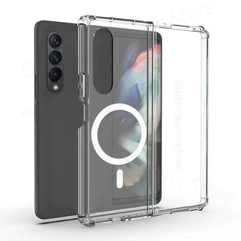 For Magsafe Magnetic Case For Samsung Z Fold 3 5G Transparent Acrylic Tough Case For Galaxy Z Fold3 4 5G Magsafing Charger Cover