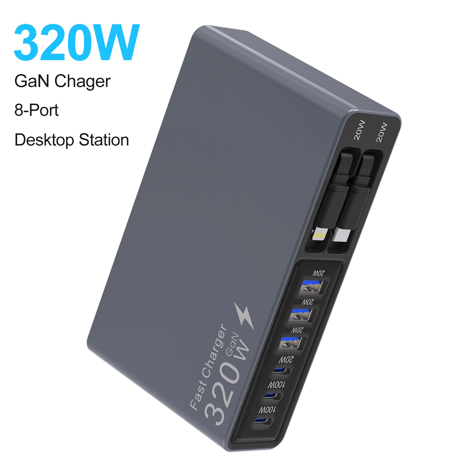 320W GaN USB C Charger PD 3.0 100W 20W PPS Fast Charging Desktop Station for iPhone 15 17 MacBook Pro/Air Samsung Laptop Tablet