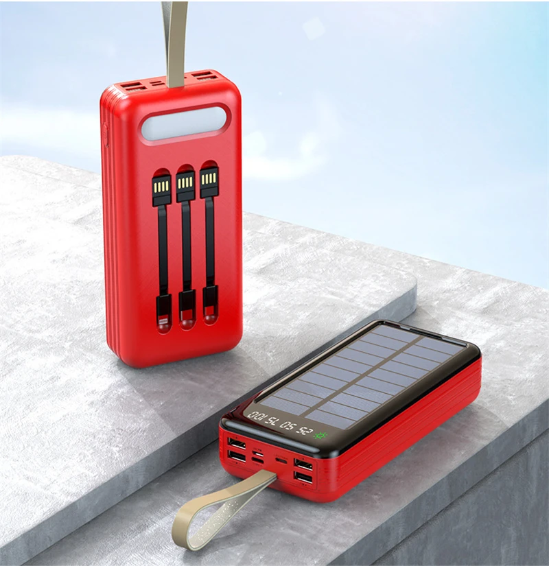 Solar Power Bank with Cable External Battery Pack Powerbank for iPhone 13 12 Xiaomi Samsung S21 Mobile Phone Chargers 60000mAh