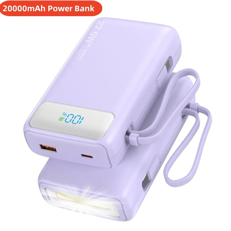 20000mAh Mini Power Bank 22.5W Fast Charging Mobile Phone Charger for iPhone Xiaomi Samsung Powerbank with Cable Spare Battery