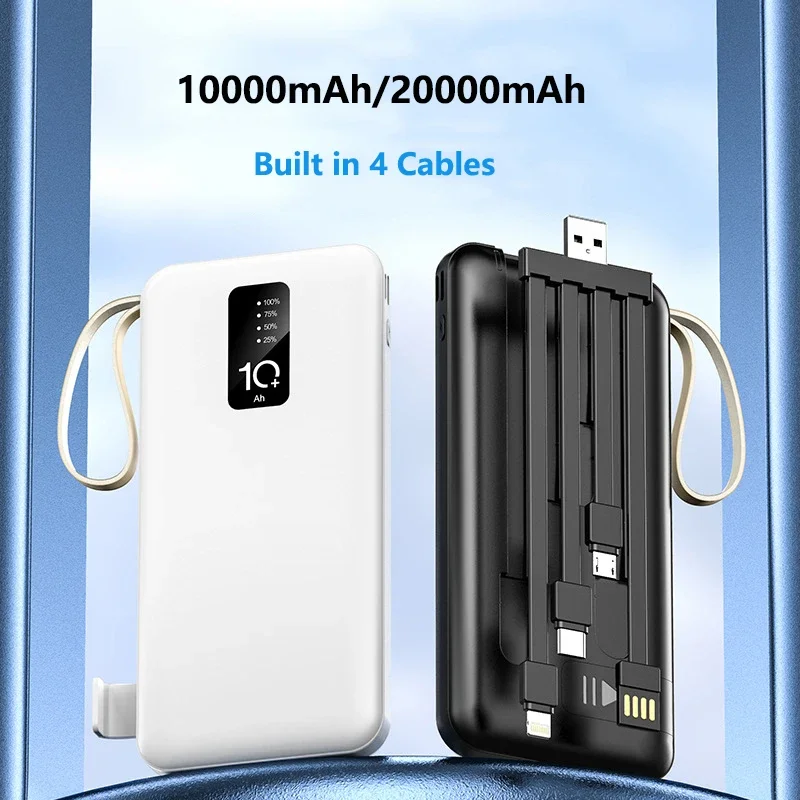Power Bank 20000mAh Built in Cable Portable Charger Mobile Phone External Battery Fast Charger Powerbank For iPhone 16 Xiaomi Mi