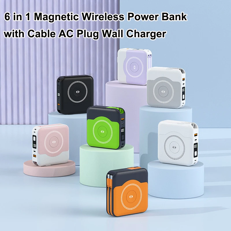 6 in 1 Magnetic Wireless Power Bank 22.5W Fast Charging for iPhone 17 iWatch Airpods Travel Wall Charger Powerbank with AC Plug