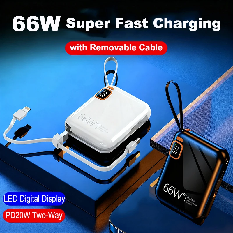 Mini Power Bank with Cable 66W PD Super Fast Charging Powerbank External Battery Pack for iPhone Samsung Huawei Xiaomi Poverbank