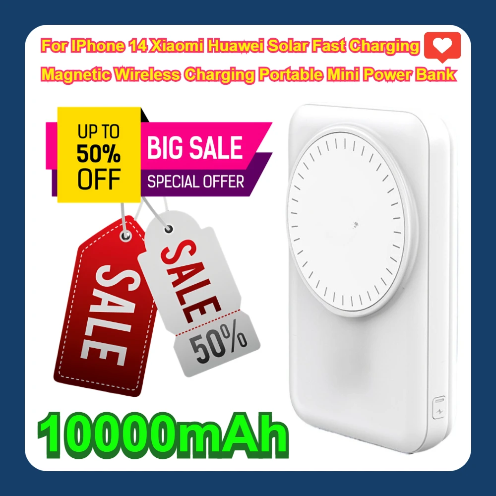 10000mAh For IPhone 14 Xiaomi Huawei Solar Fast Charging Magnetic Wireless Charging Portable Mini Power Bank
