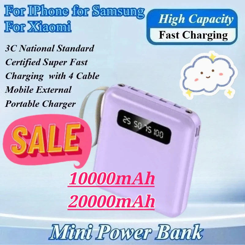 CCC 10000/20000mAh Fast Charge Mini Power Bank for Samsung for IPhone for Xiaomi With 4 Cable Mobile External Portable Charger