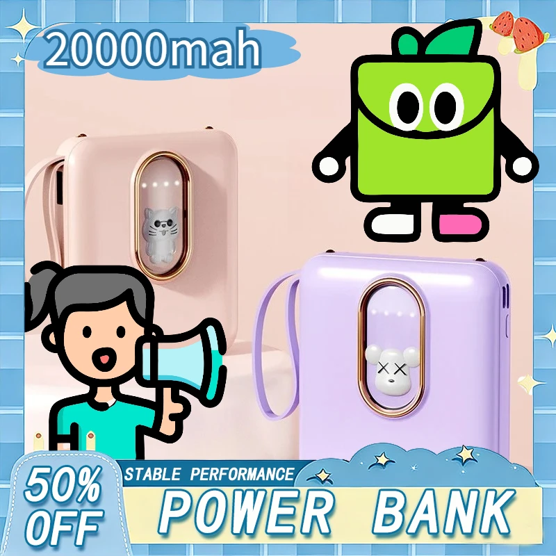 Mini Power Bank 20000mAh Built in Cable Portable Charger External Battery Pack for iPhone 16 Samsung S25 Huawei Xiaomi Powerbank