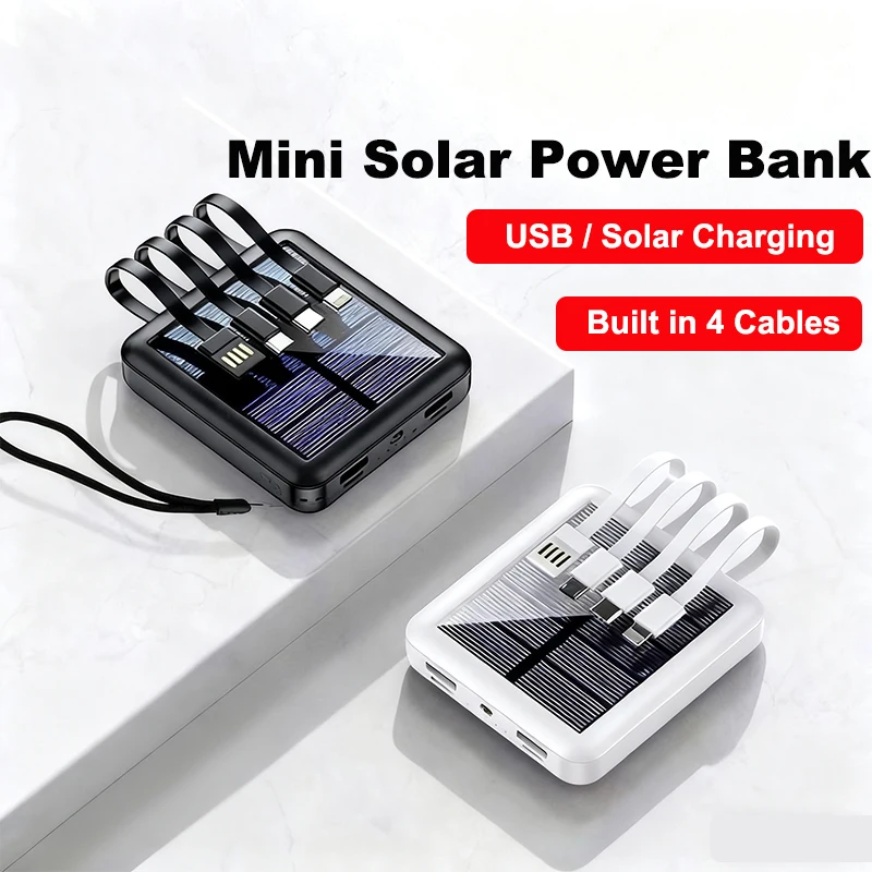 20000mAh Mini Solar Power Bank with Cables Light Portable Charger External Battery for iPhone 16 Samsung Huawei Xiaomi Powerbank