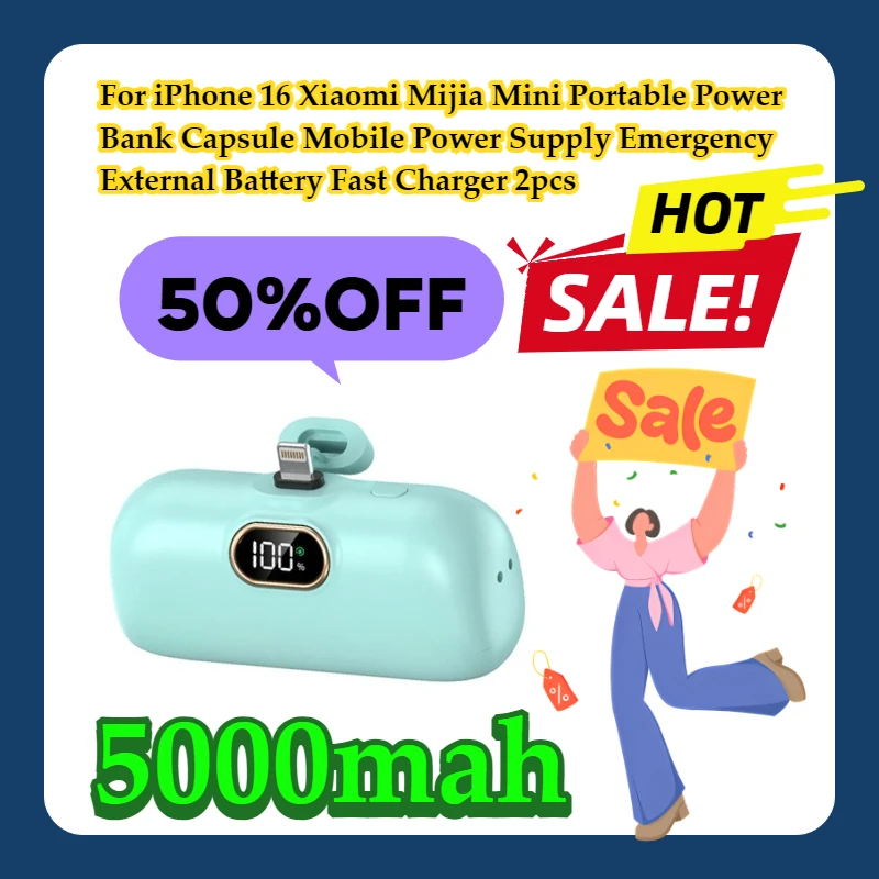 For iPhone 16 Xiaomi Mijia Mini Portable Power Bank Capsule Mobile Power Supply Emergency External Battery Fast Charger 2pcs