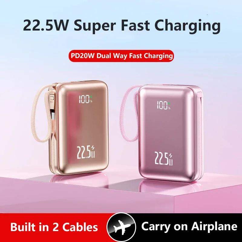20000mAh Mini Power Bank External Battery 22.5W Fast Charging For iPhone 17 Xiaomi Samsung Portable Charger with Cable Powerbank
