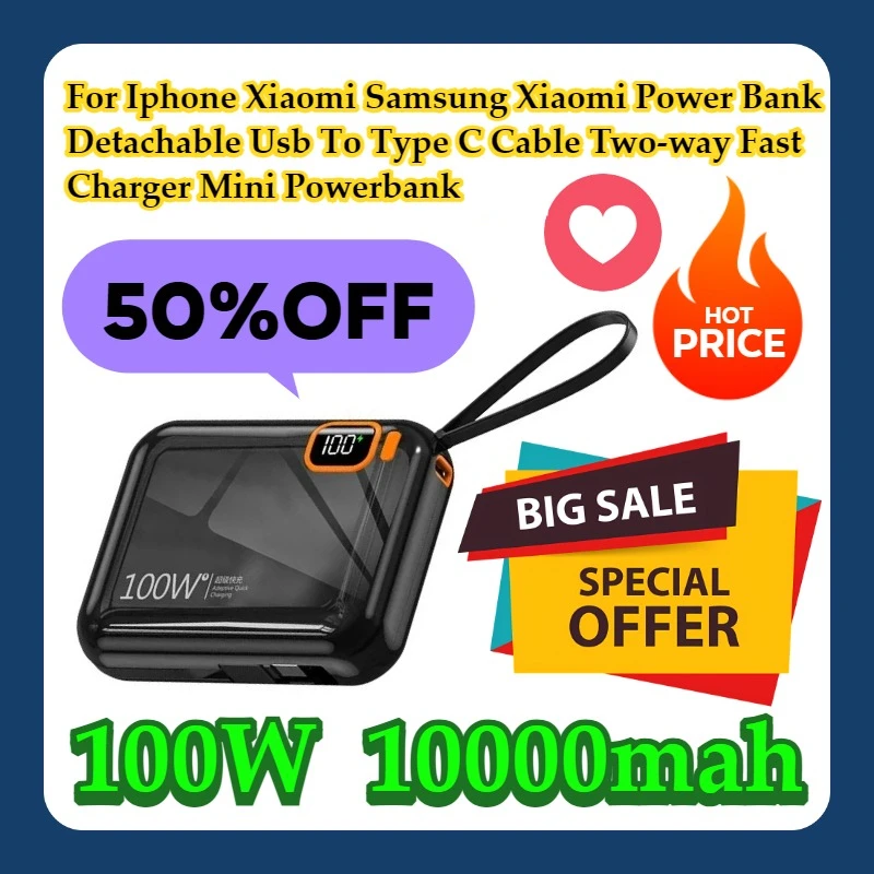 For Iphone Xiaomi Samsung Xiaomi Power Bank Detachable Usb To Type C Cable Two-way Fast Charger Mini Powerbank