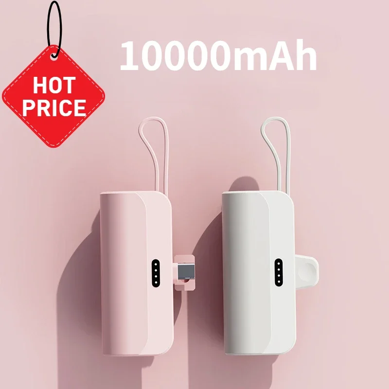 Mini PowerBank External Battery Fast Charger for IPhone Samsung Xiaomi 10000mAh Portable Power Bank Built in Cable Type-C Plug