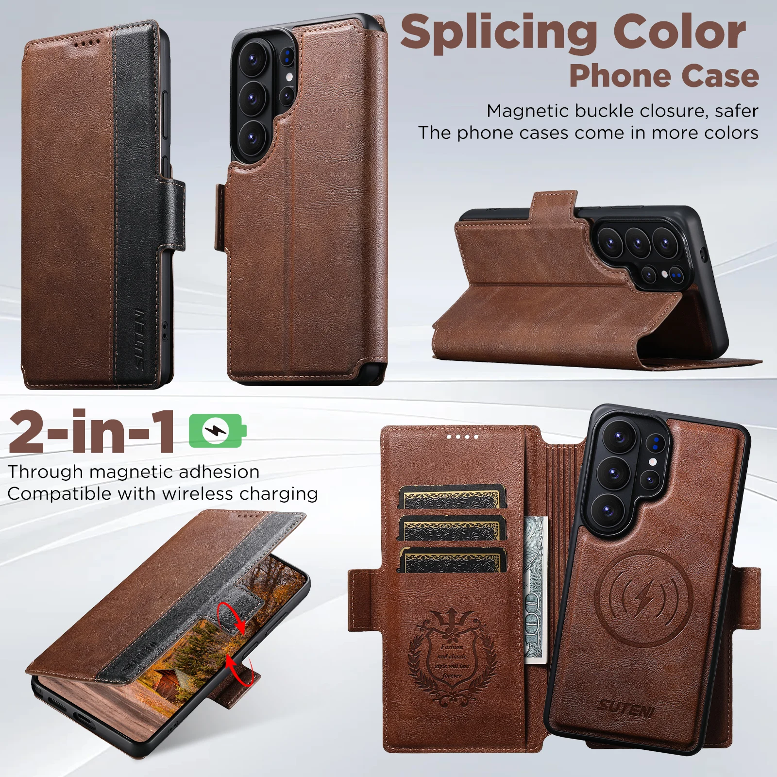 Faux Leather Wireless Charging Card Holder Stand Wallet Magnetic Flip Cover Phone Case For Samsung Galaxy S26 Ultra S25 S24 S23