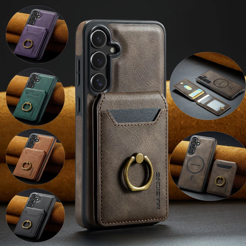 Detachable 360° Rotate Finger Ring Leather Card Case With Magnetic Phone Cover for Samsung Galaxy S25 Ultra/S24 Ultra/S23+