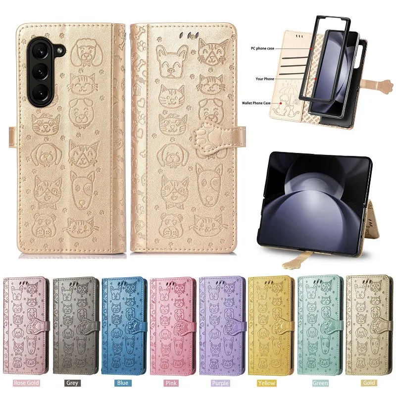 Cat Dog Pattern Flip Phone Cover For Samsung Galaxy Z Fold6/Z Fold5/Z Fold 4/Z Fold 3 With Magnetic Buckle