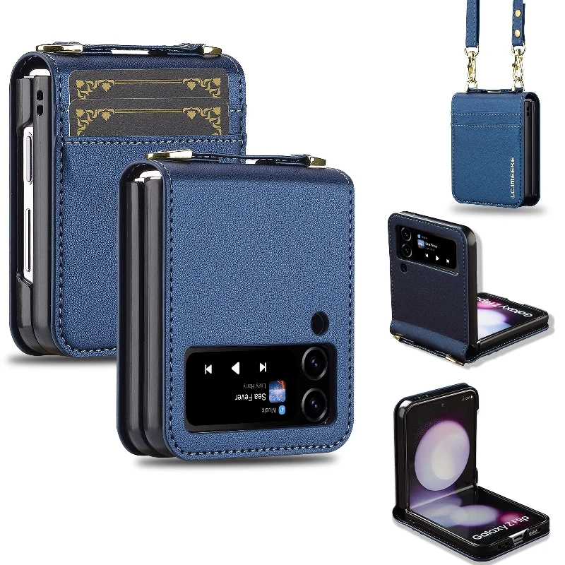 Retro Leather Folding Phone Cover For Samsung Galaxy Z Flip4/Z Flip 3 With Long Short Lanyard