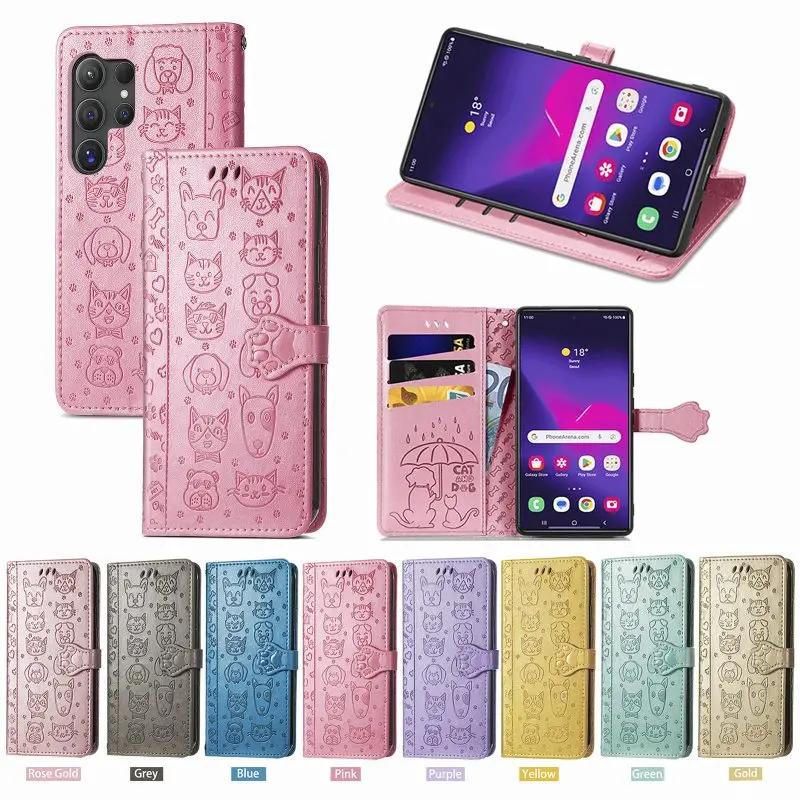 Cat Dog Pattern Flip Phone Cover For Samsung Galaxy S25 Ultra S24 S23 S22 S21 S20 S10 S9 S8+ A04e A05s A06 A12 A13 A14 A15 A16