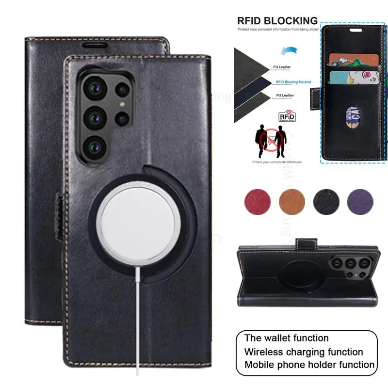 For Samsung S26 Ultra 5G For Magsafe Leather Phone Case For Galaxy S24 S23 S22 Plus Note 20 Ultra Wireless Magnetic Wallet Cover