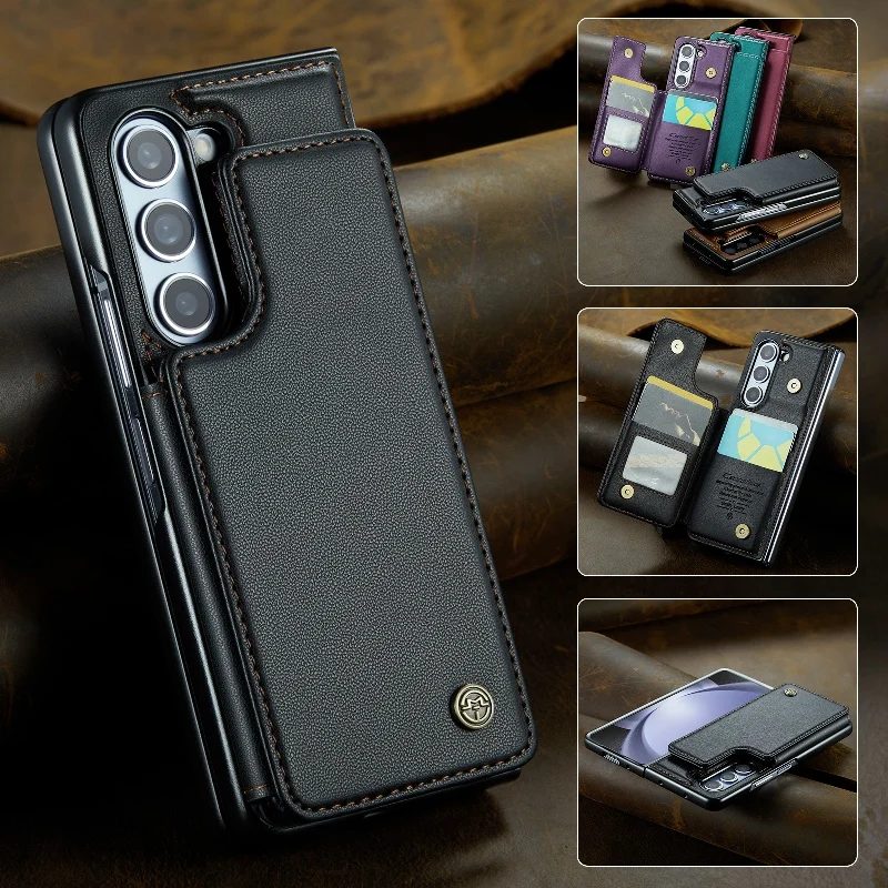 The Back Magnetic Flip Card Slots Phone Cover For Samsung Galaxy Z Fold5/Z Fold4/Z Fold3 Leather Protective Case